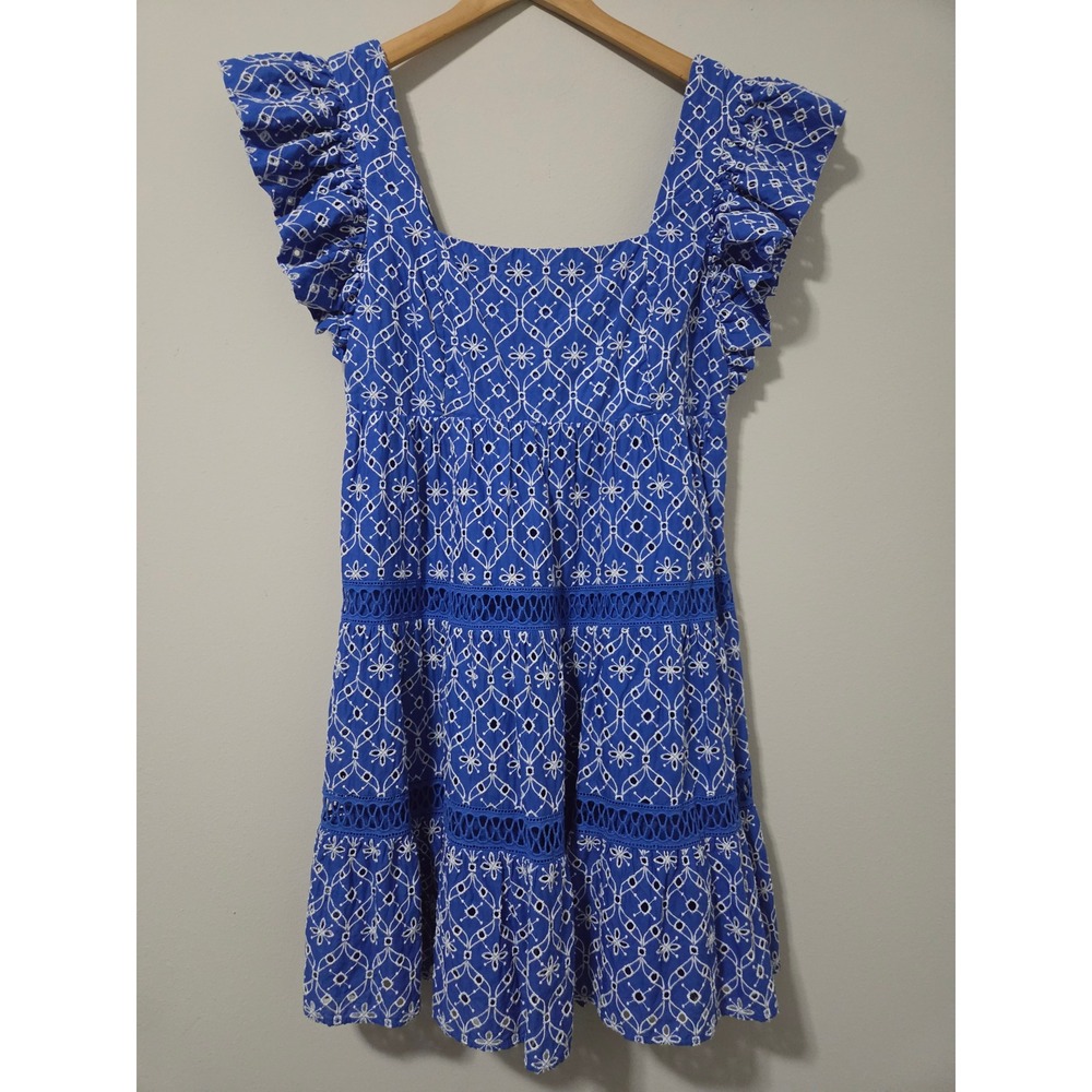Lilly Pulitzer Blue White Eyelet Embroidered Ruffle Tiered Mini Dress Size 10